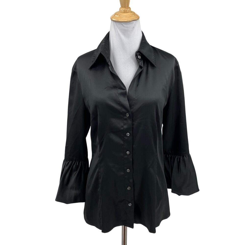 BCBGMaxazria Top Womens Medium Black Satin Bell Sleeve Collared V Neck Tailored